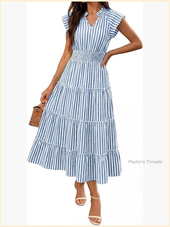 Dresses & Skirts - Women's Summer Maxi Dress V-Neck Cap Sleeve Gingham Striped Flowey Tiered Midi